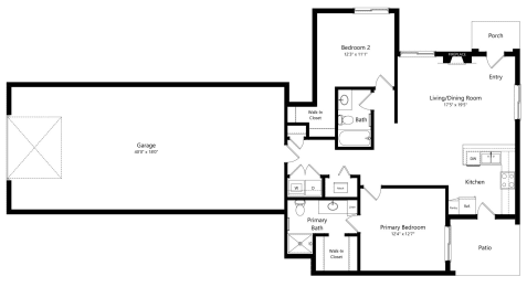 Floor Plan  floor plan of a two bedroom apartment with an open floor plan and garage
