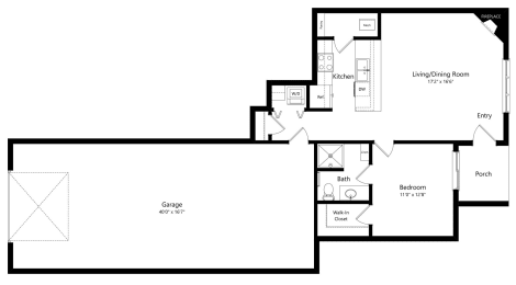 Floor Plan  a floor plan of an apartment with 1 bedroom and garage