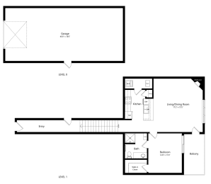 Floor Plan  a floor plan of a 1 bedroom apartment with a bathroom, living room, and garage