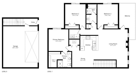 Floor Plan  floor plan of a 3 bedroom apartment with attached garage