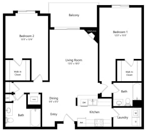 the 2-bedroom Rapids floorplan at Northbrook apartments in Lincoln, NE