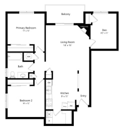 2-bed Poplar floorplan with a den at Northridge Heights Apartments in Lincoln, NE