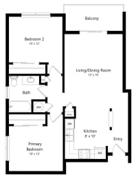 2-bed Redwood floorplan at Northridge Heights Apartments in Lincoln, NE