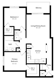 2-bed Willow floorplan at Northridge Heights Apartments in Lincoln, NE