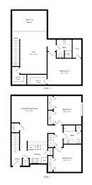 the 3-bedroom, 2-bathroom, 1,596 square feet Schuyler II loft-style floor plan at Pine Lake Heights apartments in Lincoln, NE