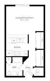the studio, 1-bathroom, 507 square feet Shelby floor plan at Pine Lake Heights apartments in Lincoln, NE