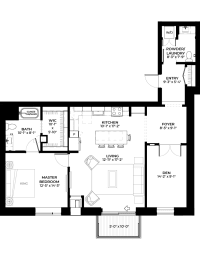 Floor Plan  Elm floor plan with 1 bedroom and 2 bathrooms at The Rowan luxury residences in Eagan MN 55122