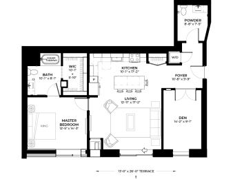 Floor Plan  Hawthorn floor plan with 1 bedroom and 2 bathrooms at The Rowan luxury residences in Eagan MN 55122