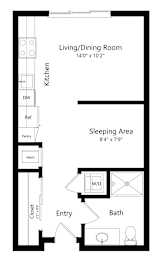 Floor Plan  a 2D floorplan of the studio August at The Conrad in Omaha, NE 68105