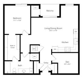 Floor Plan  a 2D floorplan of the 1-bedroom Bostwick with Den at The Conrad in Omaha, NE 68105