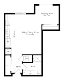 Floor Plan  a 2D floorplan of the studio Cottonwood at The Conrad in Omaha, NE 68105