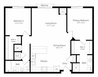 Floor Plan  a 2D floorplan of the 2-bedroom Hamilton at The Conrad in Omaha, NE 68105