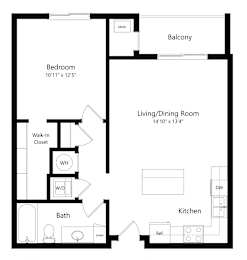 Floor Plan  a 2D floorplan of the 1-bedroom Higgins at The Conrad in Omaha, NE 68105