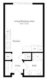Floor Plan  a 2D floorplan of the studio Logan without a privacy wall at The Conrad in Omaha, NE 68105