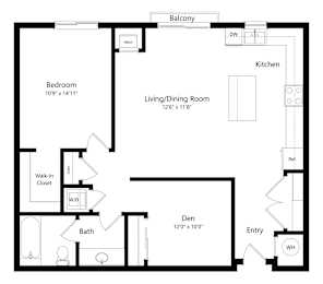 Floor Plan  a 2D floorplan of the 1-bedroom Reuben with Den at The Conrad in Omaha, NE 68105
