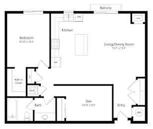 Floor Plan  a 2D floorplan of the 1-bedroom Turner with Den at The Conrad in Omaha, NE 68105