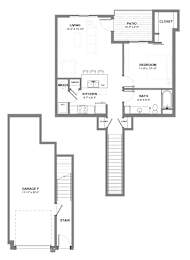 One-bedroom apartment floor plan featuring open living and kitchen space, pantry storage, full bath, private patio with adjacent closet, and attached garage.