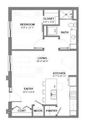 One-bedroom apartment layout with open living and kitchen area, island seating, entry with coat closet, full bathroom, in-unit laundry, and bedroom with adjacent closet.