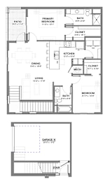Two-bedroom apartment floor plan with an open living and dining area, central kitchen, two bathrooms, a patio off the primary bedroom, and an attached garage below.