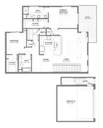 Two-bedroom apartment floor plan with an open-concept kitchen, dining, and living area, two bathrooms, a large patio off the primary bedroom, and a private attached garage.