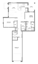 Two-bedroom apartment layout featuring an open-concept living room and kitchen with island, two bathrooms, in-unit laundry, a patio off the primary bedroom, and an attached garage.