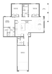 Three-bedroom apartment floor plan with open kitchen and dining area, spacious living room, two bathrooms, in-unit laundry, private patio, and attached garage.
