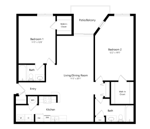 a floor plan of an apartment with two bedrooms and a living room