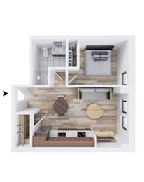 A top-down view of a small apartment with a bedroom, living room, and kitchen.