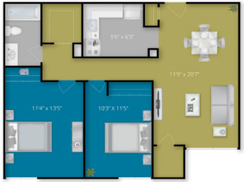 A floor plan of a house with a kitchen, living room, and two bedrooms.