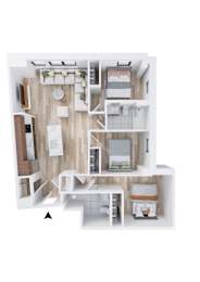 A top down view of a small apartment with a kitchen, living room, and bedroom.