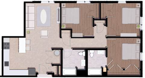 A floor plan of a house with a kitchen, living room, and two bedrooms.