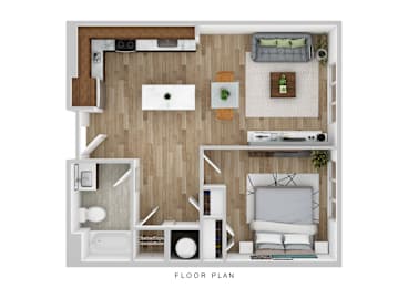 A floor plan of a small apartment with a kitchen, living room, and bathroom.