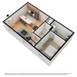 One bedroom apartment layout furnished