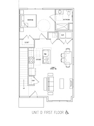 A floor plan of a unit with a kitchen, living room, dining room, bedroom, bathroom, closet, and coat closet.