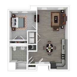 A floor plan of a small apartment with a kitchen, living room, and bathroom.