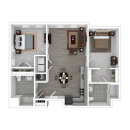 A top down view of a small apartment with a kitchen, living room, and bathroom.