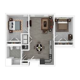A floor plan of a small apartment with a kitchen, living room, and bathroom.