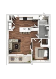 a stylized floor plan with a bedroom and a living room