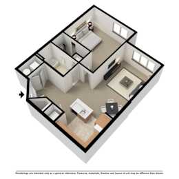 A 3D rendering of a house layout with a kitchen, living room, and bathroom.