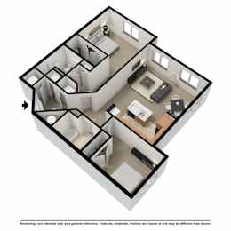 A 3D floor plan of a house with a kitchen, living room, and bedrooms.