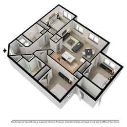 A 3D floor plan of a house with a kitchen, living room, and bedrooms.