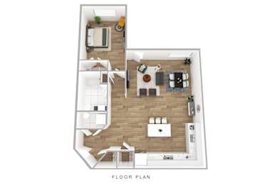 A floor plan of a small apartment with a kitchen, living room, and bathroom.