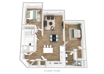 A floor plan of a house with a kitchen, living room, dining room, and two bedrooms.