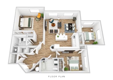 A floor plan of a house with a living room, kitchen, dining room, and bedrooms.