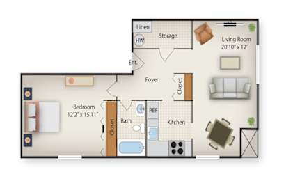 a floor plan of a bedroom apartment with a living room and a dining room
