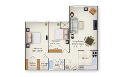 a floor plan of a bedroom apartment with a bathroom and a living room