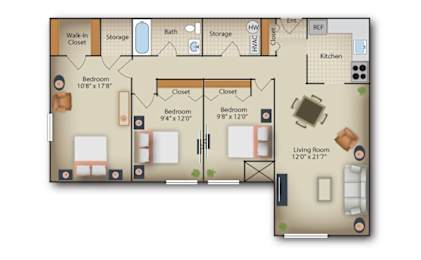 the floor plan of studio apartment with bedrooms and baths