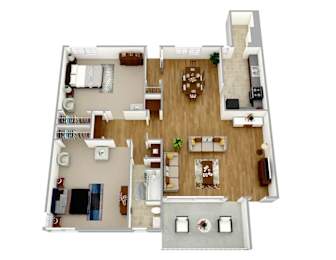 A top-down view of a house layout with a living room, dining room, kitchen, and bedrooms.