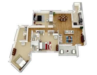 A top-down view of a house interior with a kitchen, living room, and dining area.