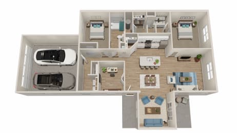 a floor plan of a two bedroom apartment with a car in the garage